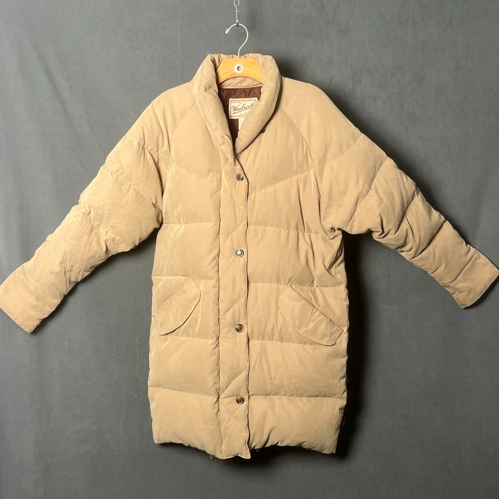 Woolrich Long Goose Down Puffer Coat Womens Small Tan Parka Winter Jacket Vtg
